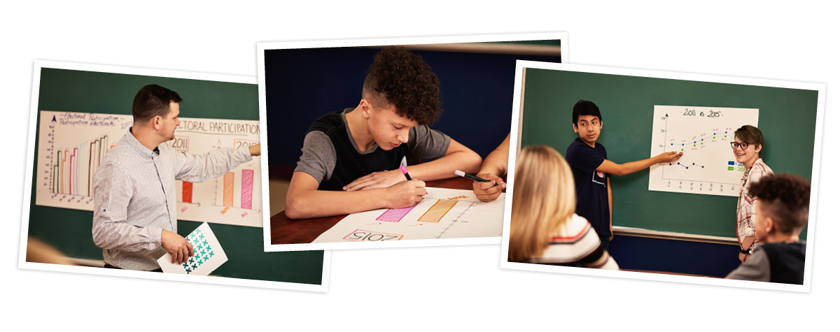 Collage de 3 images. Image 1 : Un enseignant devant un tableau. Image 2 : Un élève écrit à un bureau. Image 3: Élèves devant un tableau.