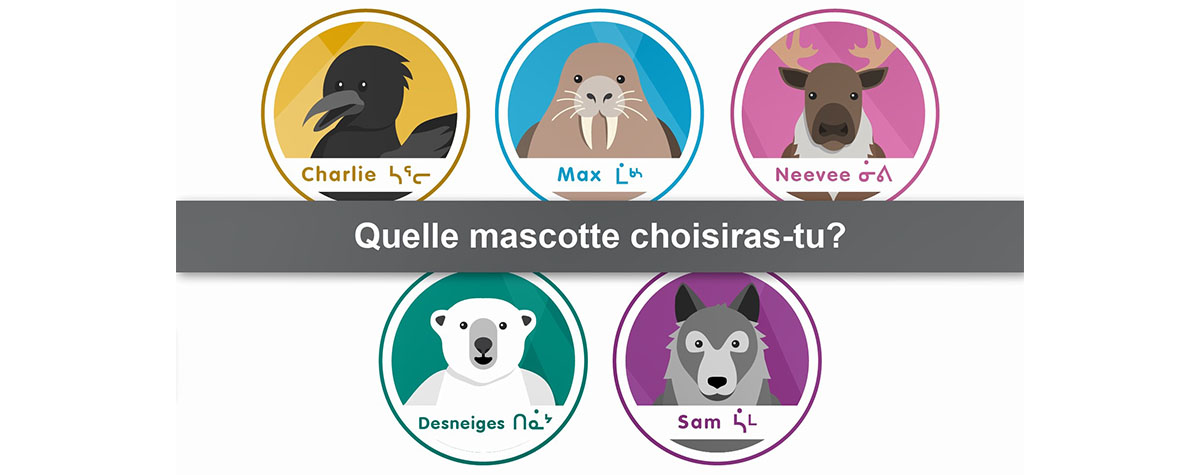 Icônes des cinq personnages : Charlie le Corbeau, Desneiges l’Ourse polaire, Max le Morse, Sam le Loup et Neevee la Caribou. Chacun d’eux est représenté dans un cercle de sa couleur respective. Leur nom est inscrit en français et en inuktitut sur l’icône. Au centre de l’écran, la question « Quelle mascotte choisiras-tu? » apparaît en lettres blanches, sur fond gris.