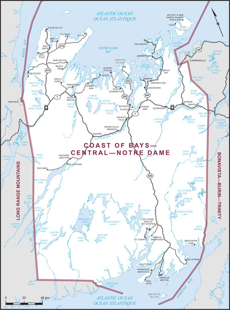 Carte de la circonscription de Coast of Bays—Central—Notre Dame