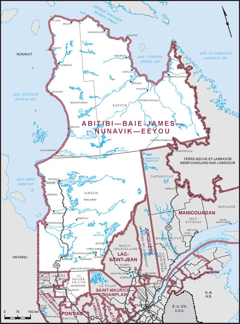 Carte de la circonscription d'Abitibi—Baie-James—Nunavik—Eeyou