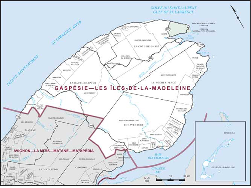 Carte de la circonscription de Gaspésie—Les Îles-de-la-Madeleine
