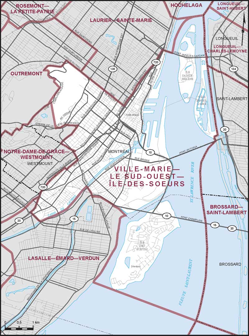 Carte de la circonscription de Ville-Marie—Le Sud-Ouest—Île-des-Soeurs