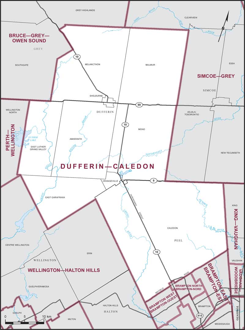Carte de la circonscription de Dufferin—Caledon