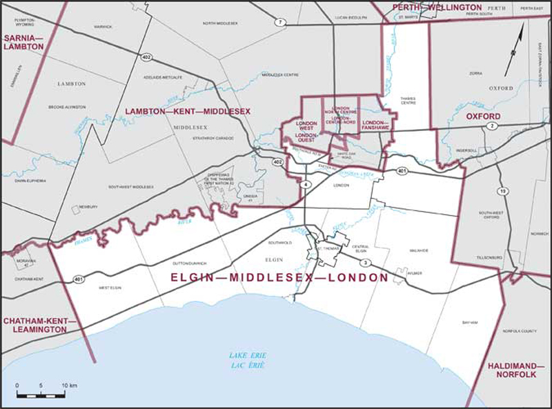 Carte de la circonscription d'Elgin—Middlesex—London