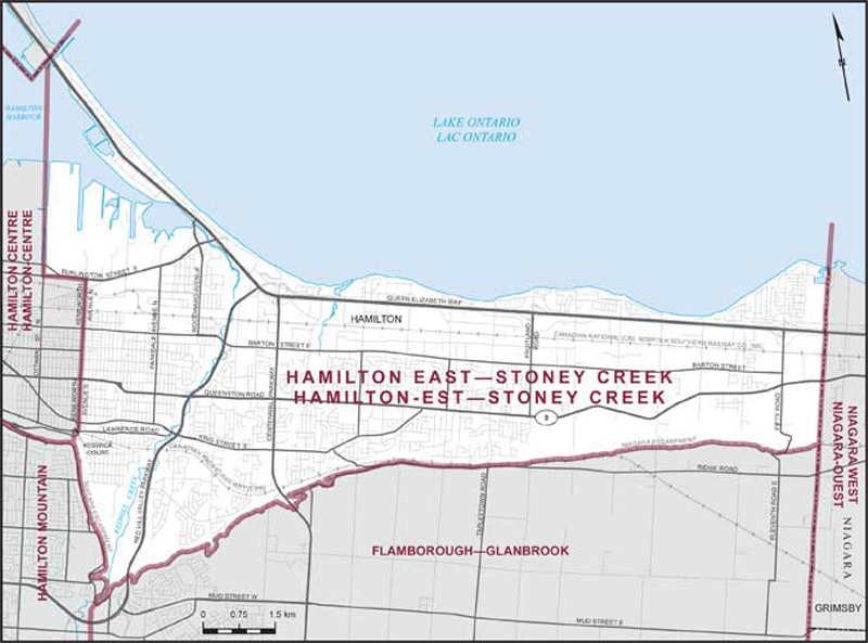 Carte de la circonscription de Hamilton-Est—Stoney Creek