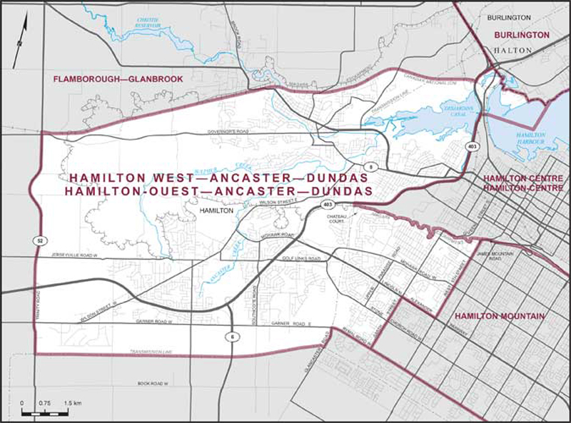 Carte de la circonscription de Hamilton-Ouest—Ancaster—Dundas