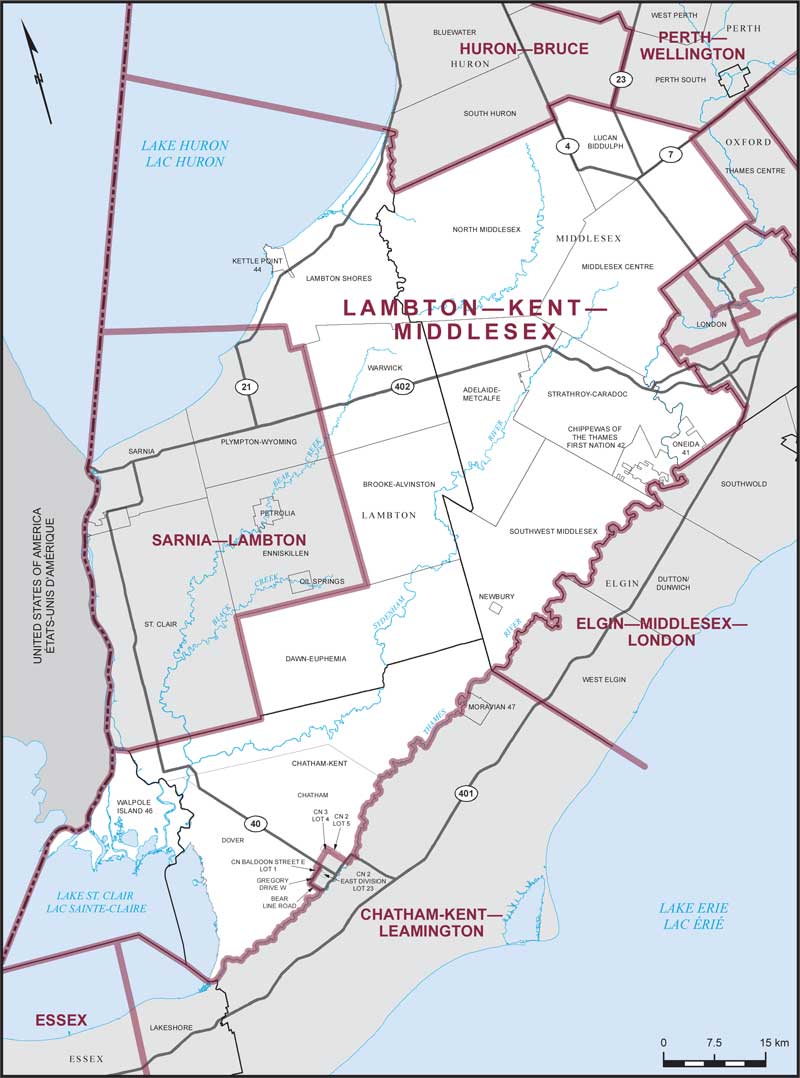 Carte de la circonscription de Lambton—Kent—Middlesex