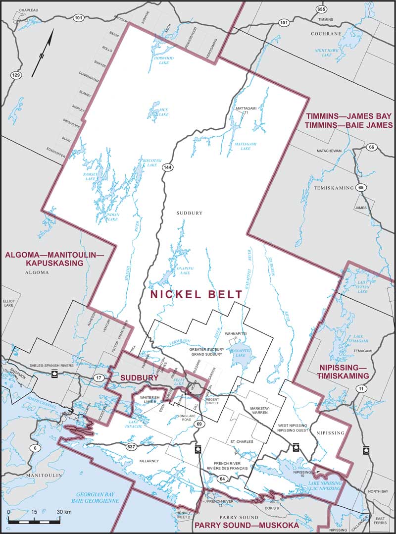 Carte de la circonscription de Nickel Belt