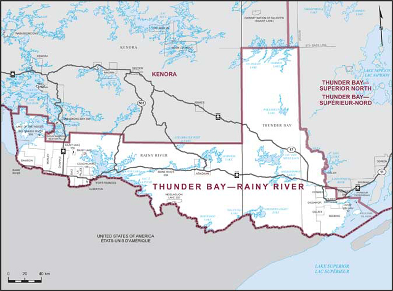 Carte de la circonscription de Thunder Bay—Rainy River