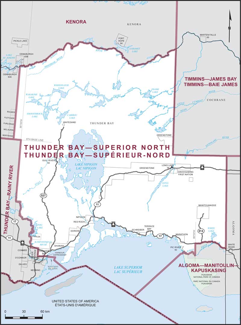 Carte de la circonscription de Thunder Bay—Supérieur-Nord