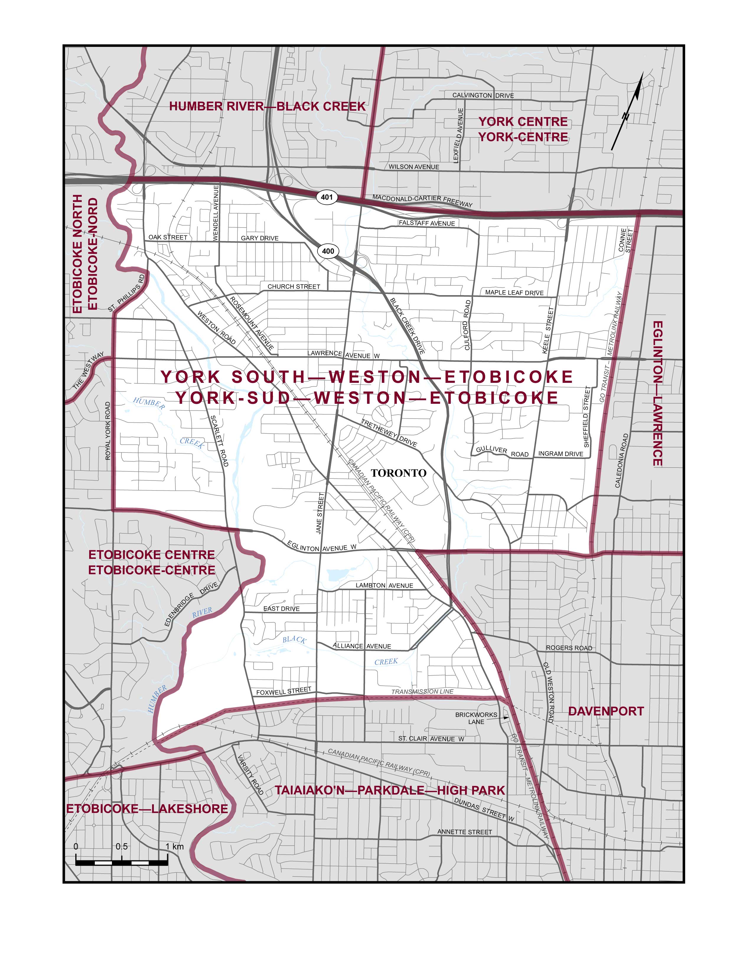 Carte de la circonscription de York-Sud—Weston—Etobicoke 