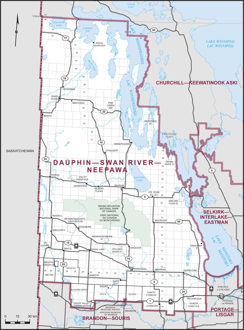 Carte de la circonscription de Dauphin—Swan River—Neepawa