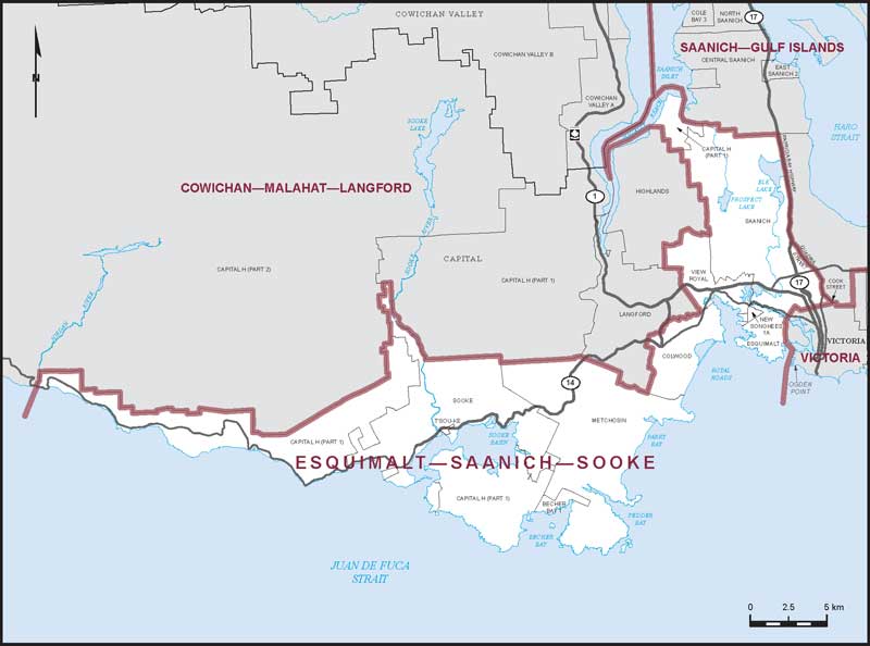 Carte de la circonscription d'Esquimalt—Saanich—Sooke