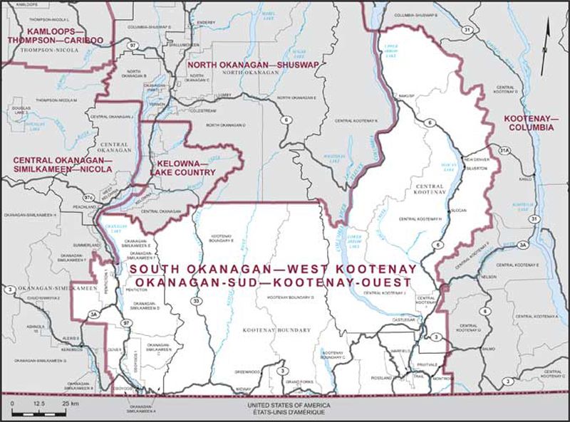 Carte de la circonscription d'Okanagan-Sud—Kootenay-Ouest