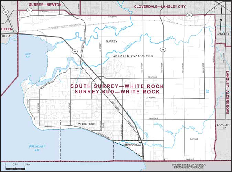 Carte de la circonscription de Surrey-Sud—White Rock