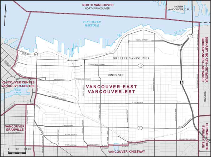 Carte de la circonscription de Vancouver-Est
