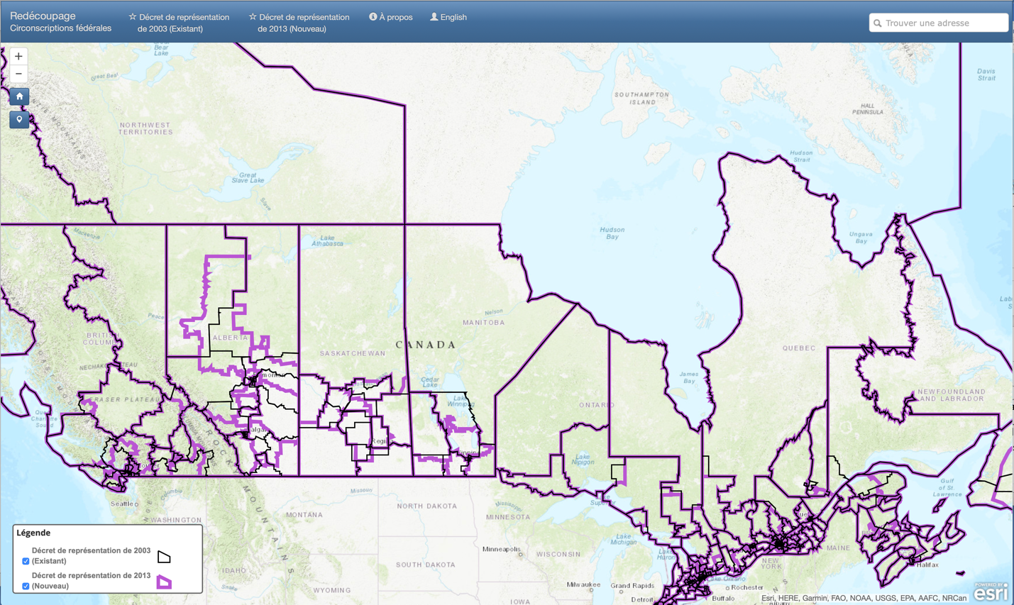 Carte du Canada avec des lignes mauves montrant les limites des circonscriptions électorales de 2003 et 2013