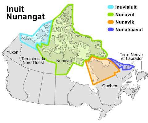 Carte du Canada où les quatre régions inuites, couramment appelées Inuit Nunangat, sont énumérées et colorées : Inuvialuit, Nunavut, Nunavik et Nunatsiavut. 