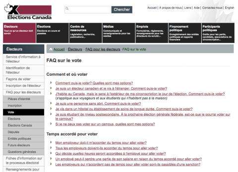Image de la page Web "FAQ sur le vote" sur le site Web d'Élections Canada