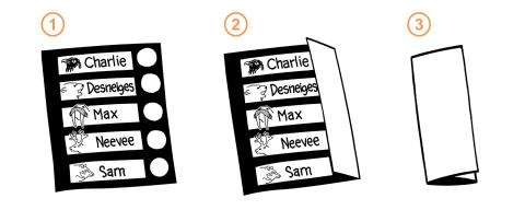 3 étapes pour plier le bulletin de vote : 1) le bulletin de vote non plié 2) le bulletin de vote partiellement plié sur la verticale 3) le bulletin plié verticalement en 3, cachant l'information à l'intérieur