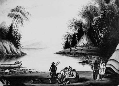Aquarelle d’un paysage en noir et blanc. Une famille fabrique un panier en osier au milieu et deux hommes se tiennent debout un peu plus loin à droite.