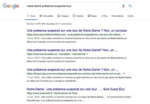 Résultats de recherche Google pour "Notre-Dame présence suspecte tour". Quatre résultats de recherche apparaissent sur cette image. 