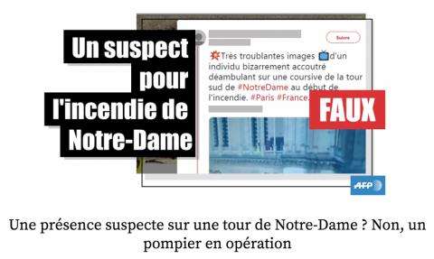 Le text "faux" et "un suspect pour l'incendie de Notre-Dame" par dessus un tweet. 