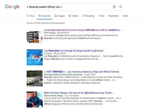 Résultats de recherche Google pour "Rwanda swahili officiel vrai". Plusieurs résultats de recherche apparaissent sur cette image. 