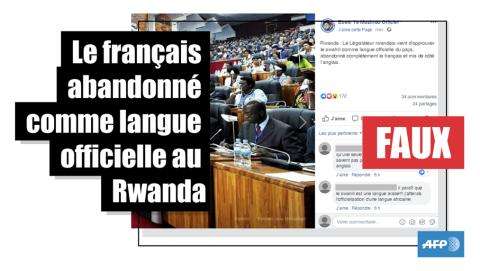 Le text "faux" et "Le francais abandonné comme langue officielle au Rwanda" par dessus la publication Facebook. 