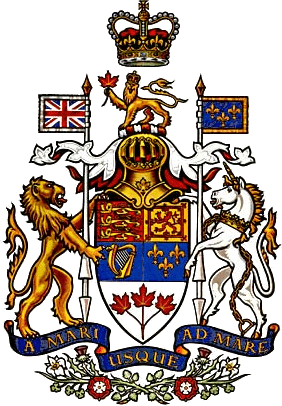 Armoiries du Canada de 1957 comportant divers symboles, dont un lion, une licorne, une couronne et des drapeaux, ainsi que la devise « A Mari usque ad Mare ».