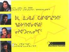 VRTT_Inuit_1992_FR Dépliant d’information en inuktitut produit par Élections Canada. Il y a quatre images de personnes. À côté de chaque image, il y a du texte en inuktitut.