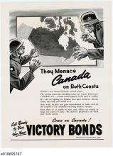 CE40-Japanese_FR Affiche illustrée représentant une carte du Canada entourée d’un soldat japonais et d’un soldat allemand à l’expression menaçante. Le texte anglais indique : « They menace Canada on both coasts. Come on Canada! Get ready to buy the new Victory Bonds! » La traduction : « Ils menacent les deux côtes du Canada. Canadiens, préparez-vous à souscrire à l’Emprunt de la Victoire! »